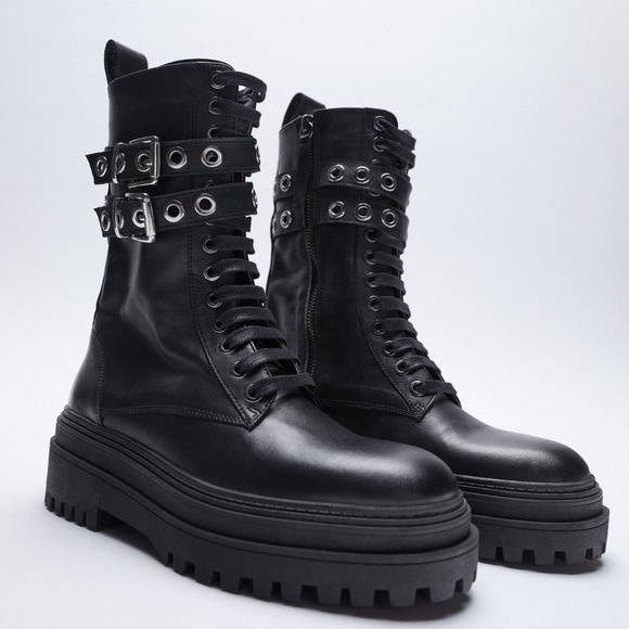 ZARA LOW HEEL LACED LEATHER ANKLE BOOTS NWT - Picture 3 of 9